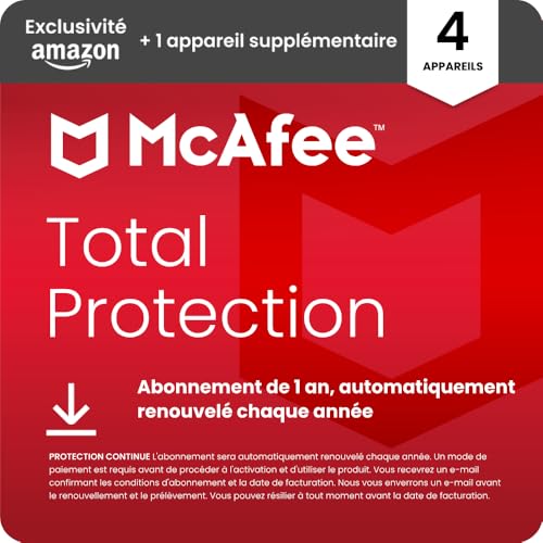 McAfee Total Protection 4 Plus 1 Appareils supplémentaire 2026 | Antivirus, VPN, logiciel de sécurité | Abonnement de 12 mois, automatiquement renouvelé chaque année | Téléchargement numérique
