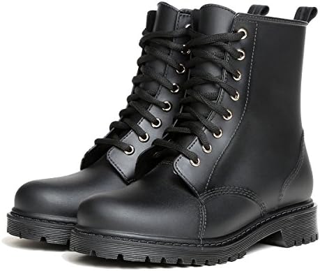 JINWEILX Lace Up Ankle High Rain Bootie Platform Flat Rubber Boots Waterproof Rain Footwear Black US9