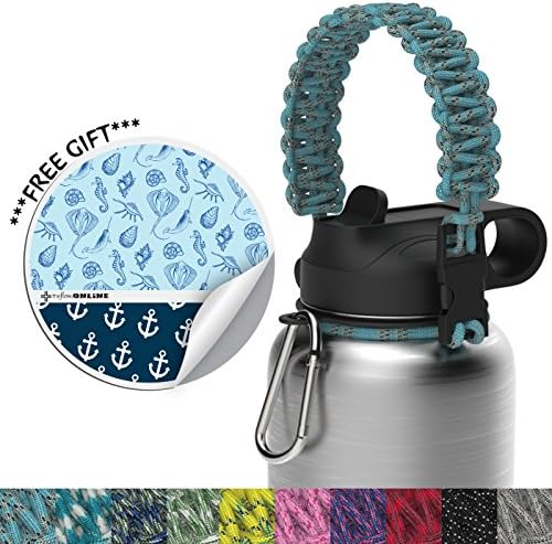 the flow paracord handle for wide mouth water bottle with carabiner, security ring and vinyl sticker | black (Pacific blue)