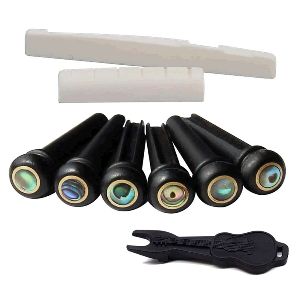 Alnicov Acoustic Guitar Bone Bridge Saddle & Nut Set and 6Pcs Ebony Guitar Bridge Pins with Pins puller