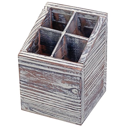 MyGift Square Torched Brown Wood Pencil Cup Pen Holder for Desk with 4