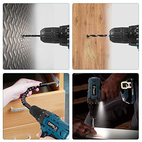 ORFELD Cordless Drill, 20V Drill Driver with 2.0Ah Battery, Built-in LED, 2 Variable Speed, 270 In-lbs Torque, 20 Clutch, 3/8'' Metal Keyless Chuck, 43 pcs Accessories, Blue - Thumbnail 5