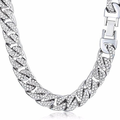 Davieslee Mens Womens Necklace Chain Hiphop Iced Out Curb Cuban White Gold Plated w/ Clear Rhinestones Necklace 24-36inch