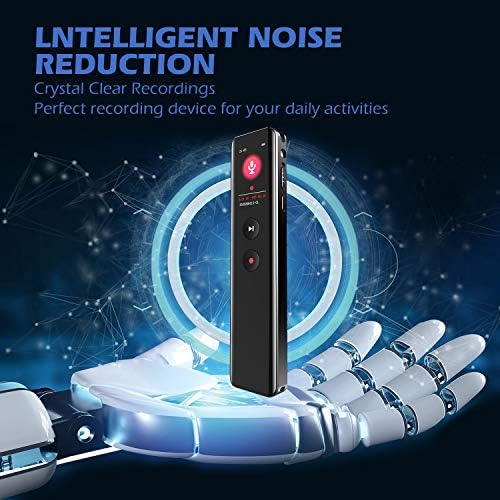 Portable digital voice recorder with a sleek design and display showing pricing details.