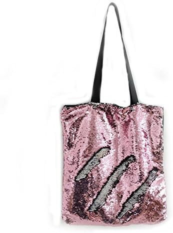 Fanrich Woman Fashion Two Color Reversible Sequin Tote Bag PU Leather Handbag Glitter Paillette Shoulder Bag for Girl (Pink-Silver)