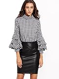 SheIn Women's Plaid High Neck Billow Sleeve Top Blouse
