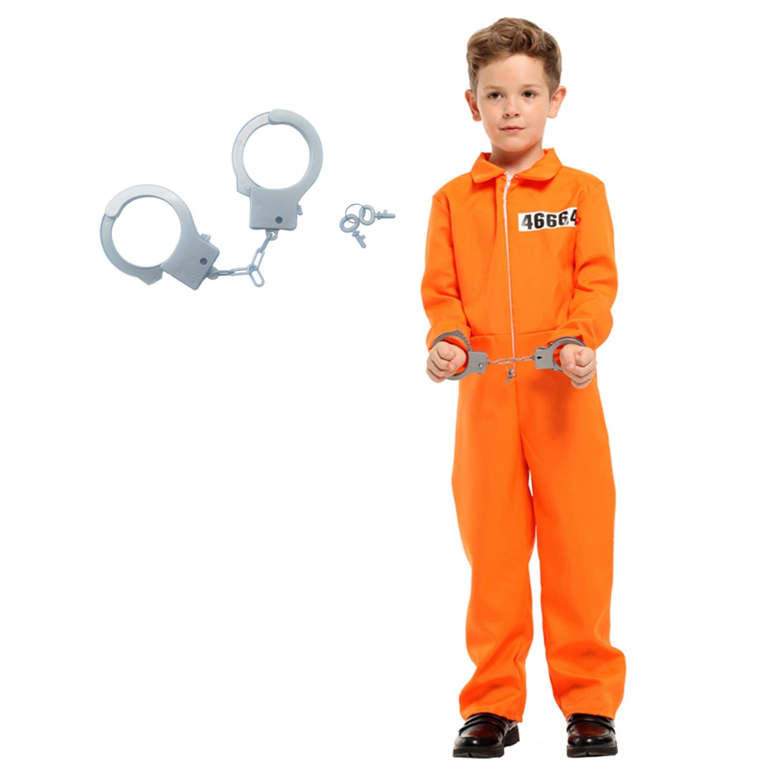 animacoser Prisoner Costume Kids,Orange Prisoner Jumpsuit with Handcuffs,Jailbird Inmate Prison Uniform,Halloween Costume for Boys Girls