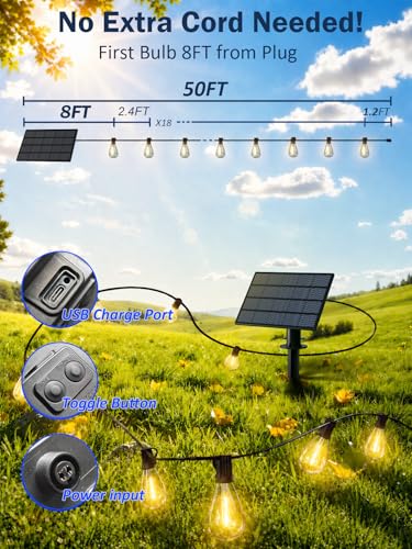plosim 50FT Solar String Lights Outdoor, Dimmable Patio Lights Solar Powered with Remote & USB Port 18+1 LED Shatterproof Bulbs 3 Light Modes, Waterproof Solar Light for Camping Backyard Garden
