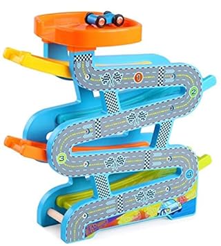 Akrobo Colourful Wooden Track Race Set with 4 Colourful Miniature Cars Sliding Track Racer
