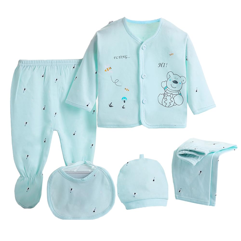 Gajaous Baby Boy Girl's 5PCS Newborn Cotton Grow Top Hat Pants PlaySuit Sets Outfit, Blue #5, 0-3 Months