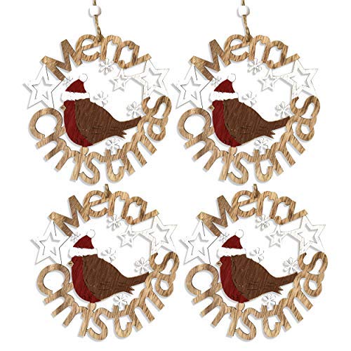 by Robelli Shabby Chic Wooden Christmas Tree Hanging Pendant Baubles Decorations (4 x 14cm Xmas Robin Wreath)