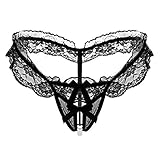 DivaCat Lace G Strings Open Crotch with Pearls Massager Low-Waist One Size (Black)