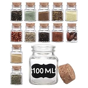 Kruidenpotjes vierkant met kurk 100ml – Set van 12 met etiketten – Luchtdicht – Kleine potjes met deksel