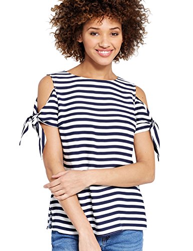 Blooming Jelly Women's Tie Sleeve Side Split Cold Shoulder Striped T-Shirt Top (S)