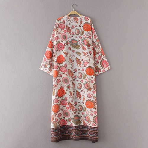 HTDBKDBK Women's Boho Print Floral Loose Shawl Kimono Cardigan Top Cover Up Blouse Wear with Bikini Swimwear White - Thumbnail 5