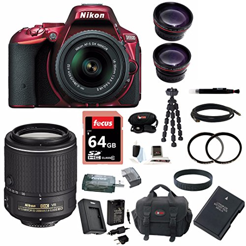 Nikon D5500 DX-format Digital SLR w/ 18-55mm VR II Kit (Red) and Nikon AF-S DX NIKKOR 55-200MM f/4-5.6G ED VR II Lens plus 64GB Deluxe Accessory Bundle
