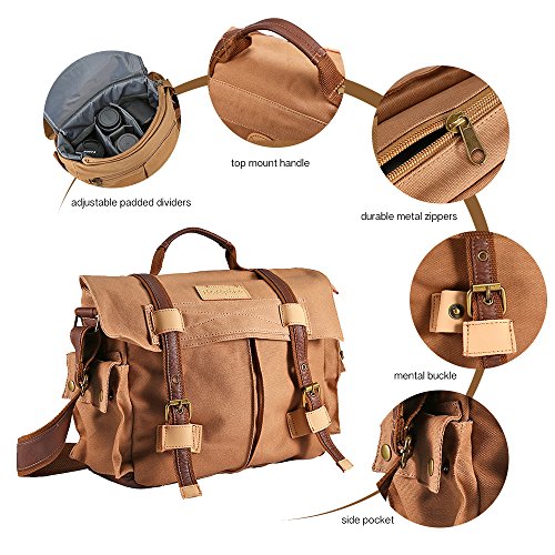 Canvas Leather DSLR SLR Vintage Shoulder Camera Messenger Bag Outdoor Travel Photography Bag Gadget Organizer with Shockproof Insert & iPad Magazine Pocket for Sony Canon Nikon (Large Brown)