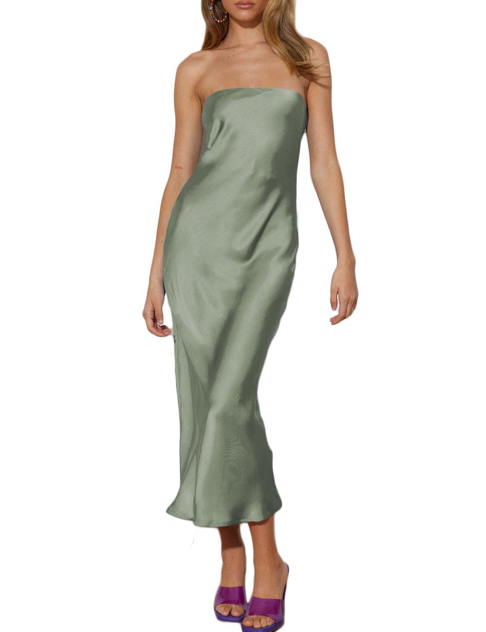 BEOVR Summer Satin Strapless Backless Wedding Guest Midi Dress for ...