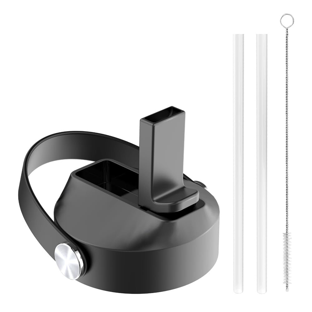 BUZIO Straw Lid, Flip Top Cap for Wide Mouth Water Bottle Stainless Steel Water Bottle with 2 Re-usable Straws and Brushes Fit 12oz 18oz 32oz 40oz 64oz 87oz Water Bottles