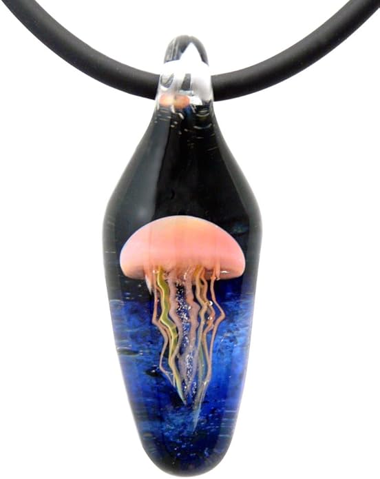 Modern Artisans American Handmade Glass Jellyfish Pendant with Rubber Cord Necklace