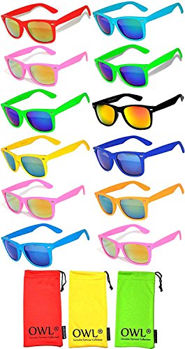 Wholesale Bulk Matte Colored Mirrored and Smoke Lens Sunglasses 12 pairs with 3 soft microfiber bag OWL