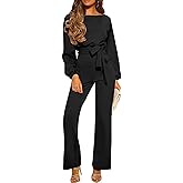 Bbkkuck Women's Dressy Jumpsuit Fall One Piece Long Sleeve Belt Pockets Wide Leg Pants Romper Business Casual Outfits