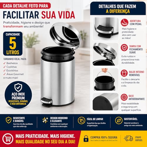 Lixeira Redonda Com Pedal 5 Litros Aço Inox Para Banheiro E Cozinha