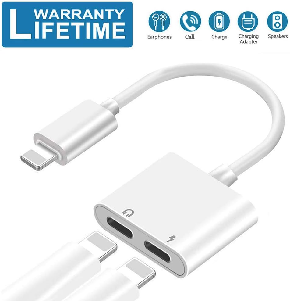 for iPhone Adapter Dongle Headphone Jack Adapter Splitter Charger and Headphones Aux Audio Connecter Cable for iPhone 11 Pro/XS MAX/XR/X/7/7 Plus/8/8 Plus Dongle Adaptor Support All iOS System -White