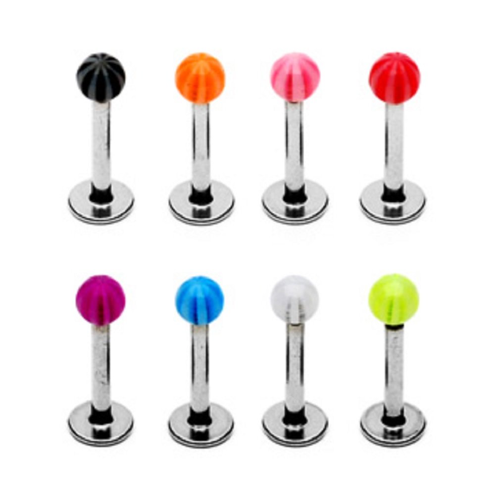 PiercedOff Multipack of 8 Labrets with Acrylic Candy Striped Ball - Thickness 16GA (1.2mm) / Length 8mm / Ball Size 3mm