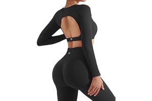 SUUKSESS Open Back Long Sleeve Scrunch Butt Booty Leggings Seamless Ribbed Workout Sets 2 Piece Outfits