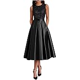 GORCENT Modest Ruffle Satin Prom Dress with Pockets Sparkly Sequin A Line Puffy Tea Length Formal Evening Ball Gown for Women