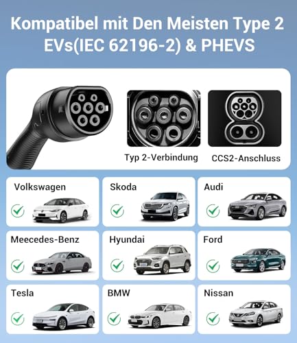 Mobile Wallbox 11 kW Type 2 Charging Cable - 7 m | 6-16 A | 3-Phase EV Charger Waterproof with Adjustable Charging Power, Setting Start Time, CEE 16A to Type 2 Charging Cable, for All EVs (IEC 62196-2) & PHEVS