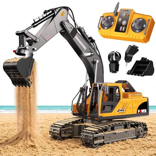 GraceDuck RC Excavator Toy 3 in 1 Remote Control 2.4GHz - Beach and Construction Toys with Alloy Shovel, Crusher and Claw, 680° Spin, Construction Vehicle for Kids Ages 6-12