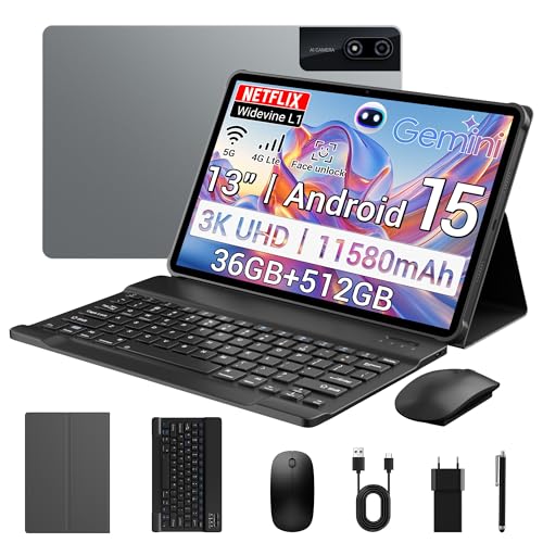 PIXGOOD 3K Tablet 13 Inches with Android 15, 36GB RAM, 512GB ROM (Extension 2TB), 4G Lte-----5G WiFi, 2940*1840UHD, 11580mAh, G99 2.2GHz, 13MP + 8MP, Touch Tablet with Keyboard, GPS4 Speaker, Grey