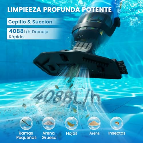 Aspirador de Piscina inalámbrico, limpiafondos de Piscina Manual hasta 90 Minutos, pértiga telescópica de 160 cm, Limpiador de Piscina, succión de hasta 4088 L/h, Ideal para spas y Hot tubs