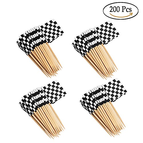 Checkered Toothpicks Flags Cupcakes Topper 200 Pcs Black and White Party Cake Decoration Wooden Picks with Paper Flag - Thumbnail 7