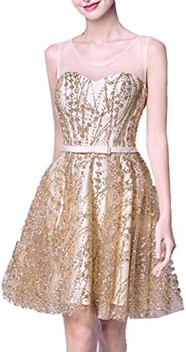 Short Sequin Prom Dress Gold High Neck S