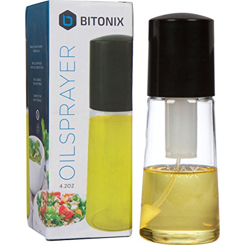 Bitonix Oil Sprayer Manual Clog-Free Mister Refillable 4oz Plastic Bottle No Breakages, Leaks or Drips Fine Spray Mist for Low Calories Diet and Weight Watching