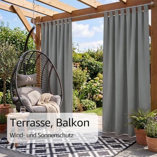 TOPICK Outdoor Curtain Weatherproof Sun Protection Curtains with Loops Opaque Living Room Balcony Door Curtain Outdoor Curtains H 215 x W 132 cm Set of 2 Water-Repellent for Balcony Gazebo Light Grey
