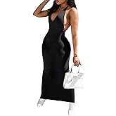 Forlisea Womens Sexy Bodycon Maxi Dress Halter Deep V Neck Sleeveless Backless Summer Beach Party Clubwear