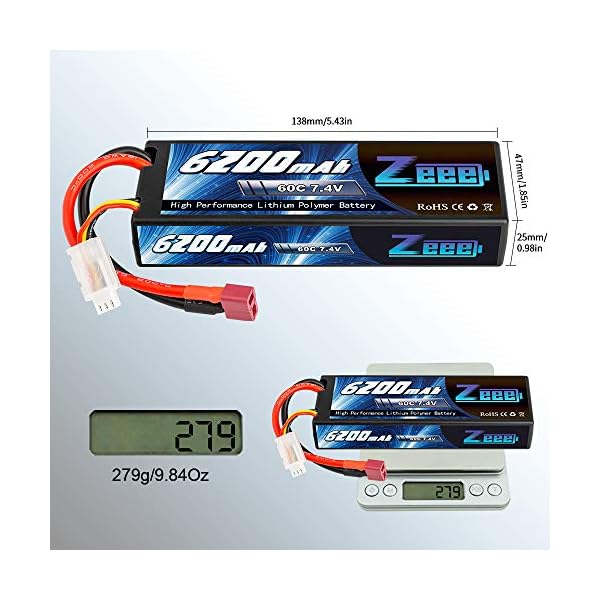 Zeee 7.4V 60C 6200mAh 2S RC Lipo Battery Hardcase with Deans Connector for RC Vehicles Car Truck Truggy Boat(2 Pack) – Bild 5