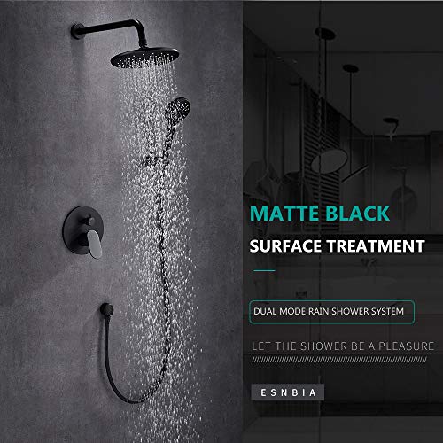 Esnbia Black Shower System, Wall Mounted Shower Faucet Set for Bathroom with High Pressure 8" Rain Shower head and 3-Setting Handheld Shower Head Set (Rough in Valve Includedï¼‰