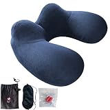 FMAB Inflatable Pillow for Head and Neck, Washable Portable Air Travel Set with Ear Plugs, Eye Mask and Drawstring Bag, Larger, Blue