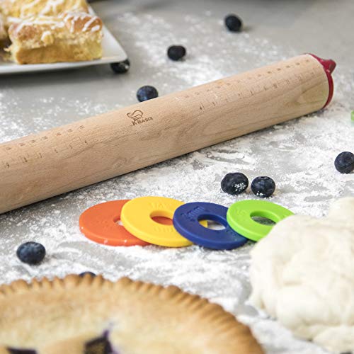 K BASIX Beech Wood Adjustable Rolling Pin with Multicolored Removable Rings Classic for Baking Dough Pizza Pie and Cookies
