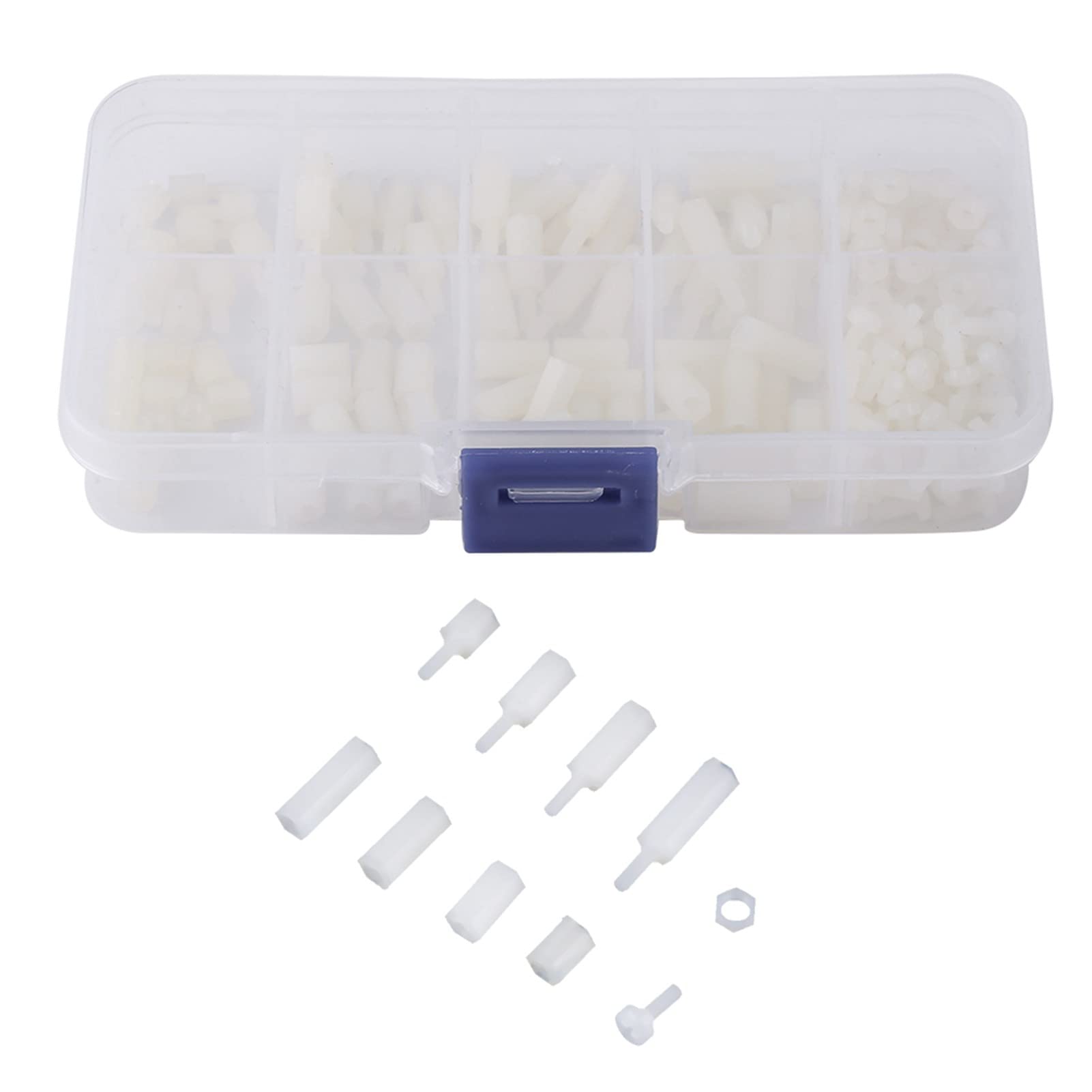 Akozon 200-Piece M2.5 Nylon Hex Standoff Bolt & Nut Assortment Set with Plastic Storage Box