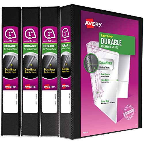 Avery 1" Durable View 3 Ring Binder, Slant Ring, Holds 8.5" x 11" Paper, 4 Black Binders (17011)