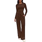 TFNOSIZE Women's 2-Piece Lounge Set - Long Sleeve Top and Wide-Leg Pants - Drawstring Waist Pajama Set, Pockets, for Lounging