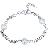 Vanbelle Sterling Silver Jewelry - Rhodium Plated with 925 Stamp - Double Layered chain with Faux Pearl Bracelet - Handcrafted - for Women - 6.5" long + 1" extender