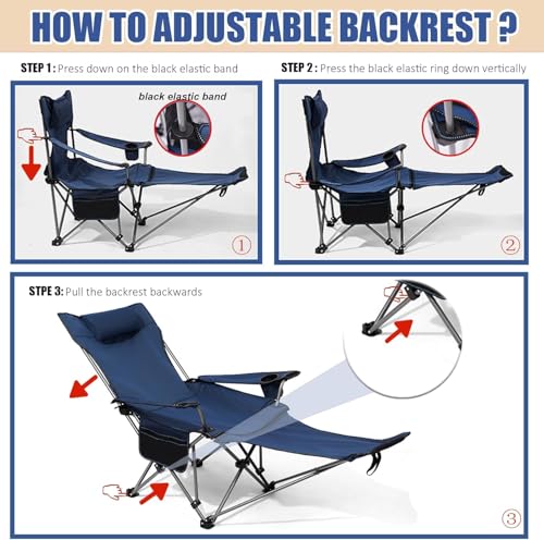 Reclining Camping Chair with Removable Footrest, Adjustable Camping Lounge Beach Chair with Padded Headrest, Cup Holder & Carry Bag, Camp Chair with Foot Rest Lawn Chairs for Camp, Fishing,Office