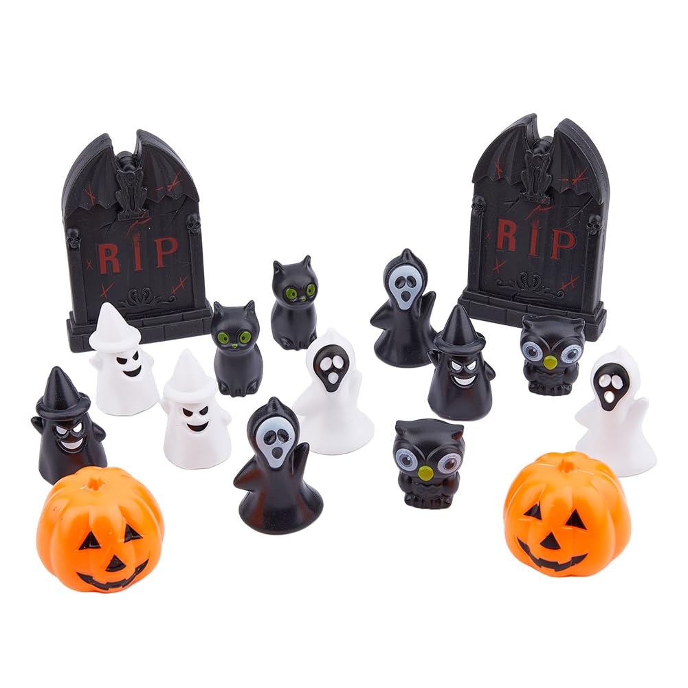 SUPERFINDINGS 16Pcs 8 Styles Halloween Theme Figurines 3D Pumpkin Ghost Slime Charms Owl Lantern Bat Resin Cabochons Black White Display Decorations Gifts